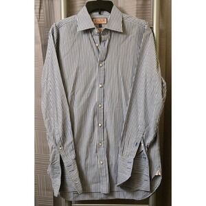 Thomas Blue Striped Long Sleeve Button Down Dress Shirt Size 16-34.5 French Cuff